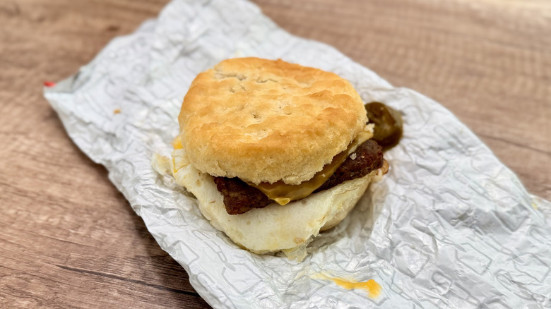 Jalapeño Breakfast Biscuit on wrapper on a table