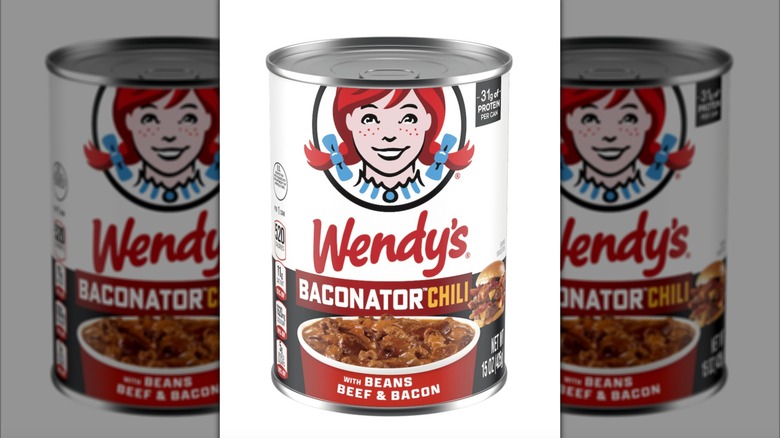A can of Wendy's Baconator Chili with beans, beef, and bacon