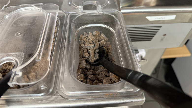 a spoon in a plastic bin filled with Thin Mints cookie crumbles