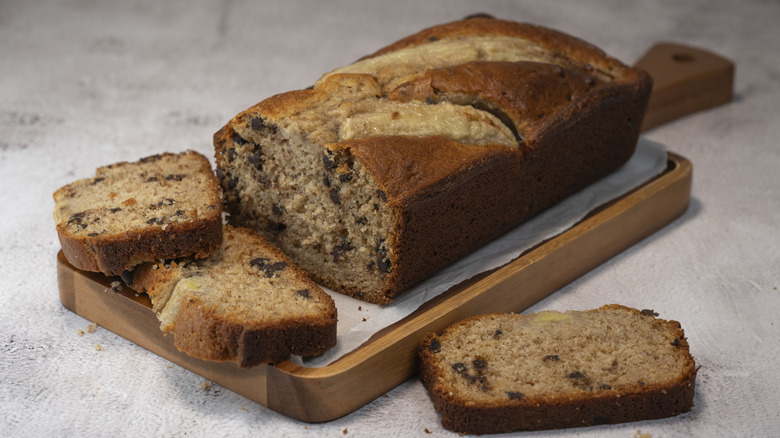 Freshly baked and sliced banana bread with chocolate chips