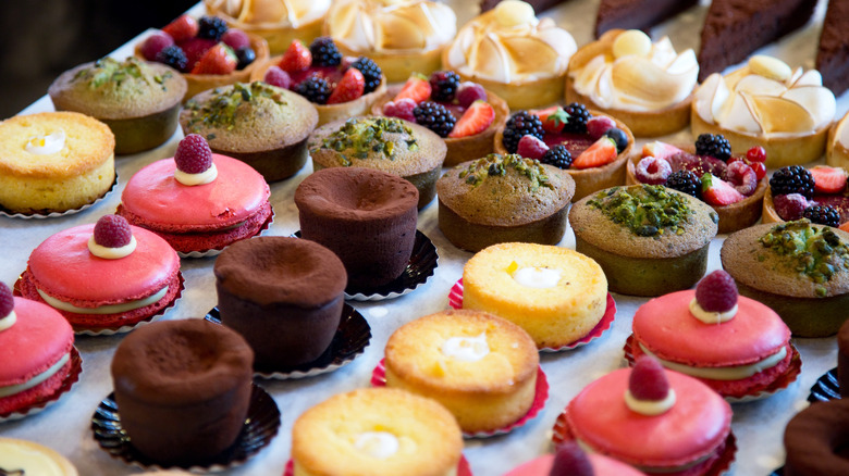 a selection of expensive and brightly decorated pastries
