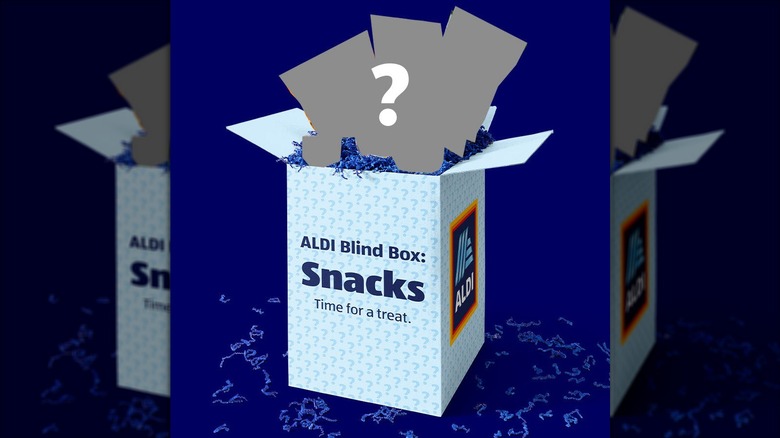Aldi blind box of snack foods with greyed-out product outlines coming out of the top with a big white question mark.