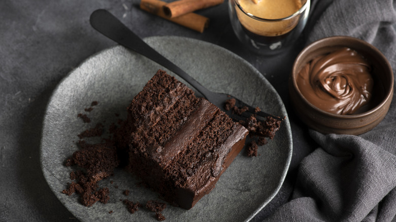 A slice of chocolate cake on a plate
