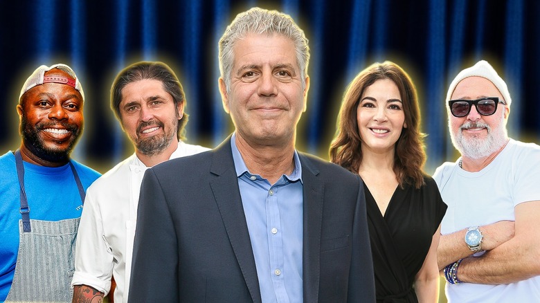 Composite image of Anthony Bourdain smiling at camera with Rodney Scott, Ludo Lefebvre, Nigella Lawson, and Andrew Zimmern in background