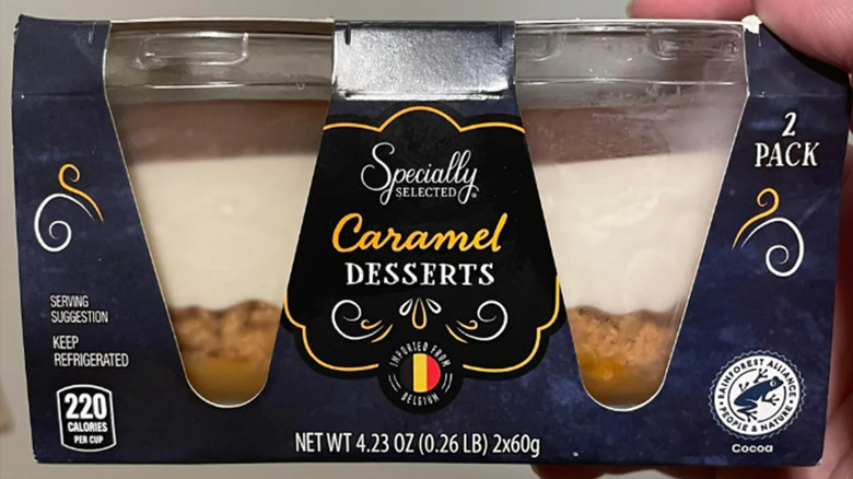 Two Aldi caramel dessert cups in cardboard packaging