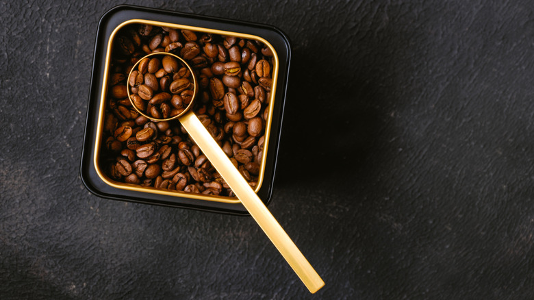 Coffee beans in a dark can with a golden scoop