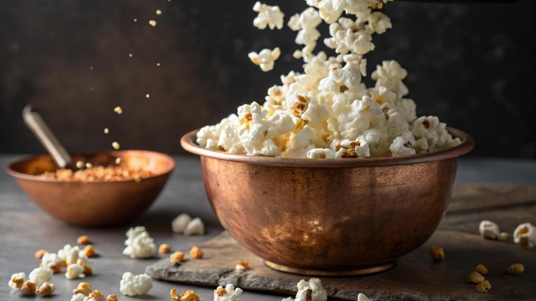 Popcorn pours into a bowl with unpopped kernels