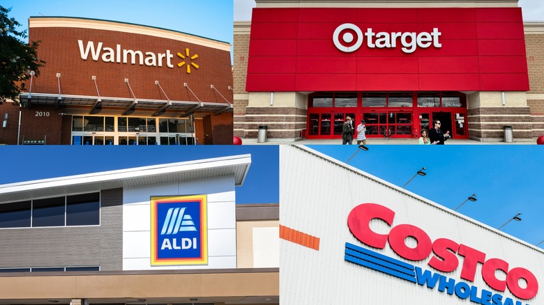 Insets of exteriors of Walmart, Target, Aldi, and Costco