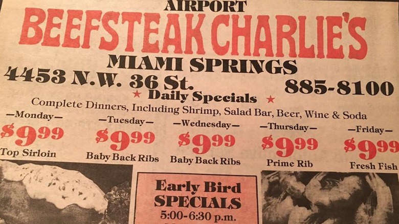 Close up of a Beefsteak Charlie's menu from the Miami Springs, FL airport