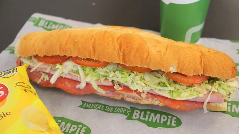 Blimpie sandwich, chips and soda