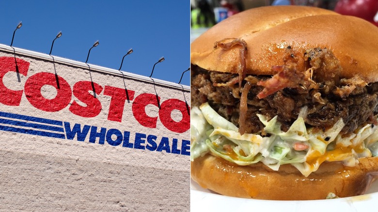 L: The exterior of a Costco wholesale store R: A close-up of Costco's discontinued BBQ Beef Brisket sandwich