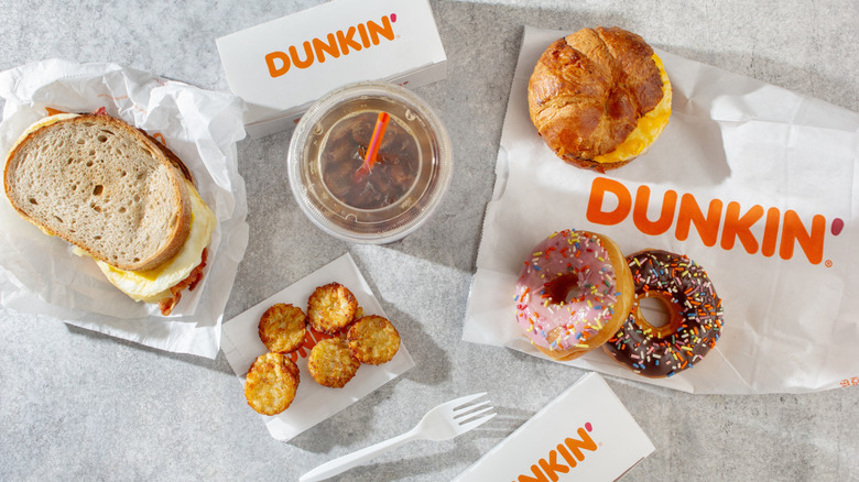 A top down view of a Dunkin' Donuts combo meal.