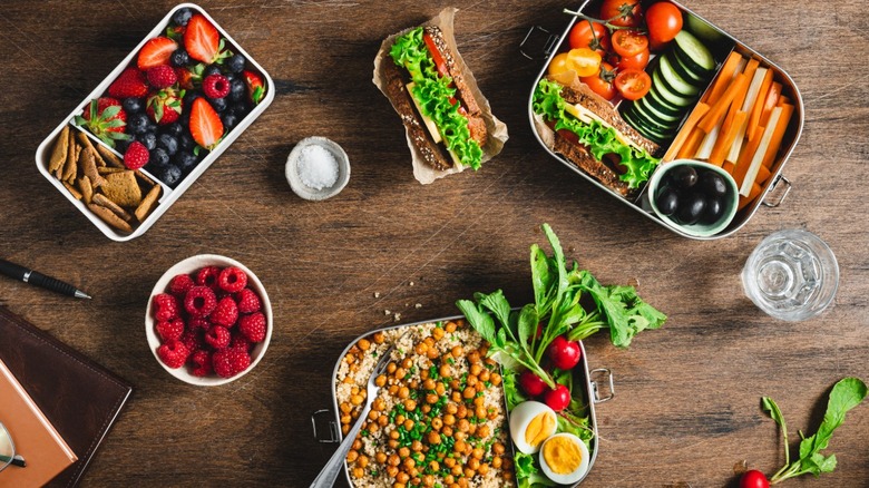 A variety of food prepared for different meals, sitting on a table.