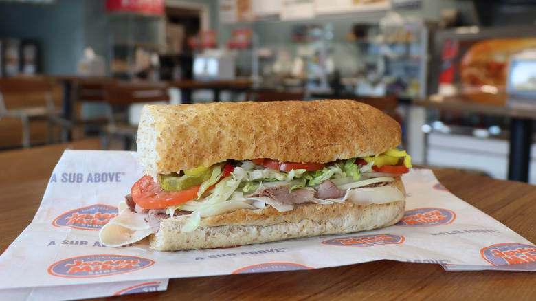 Jersey Mike's sandwich on table in restaurant
