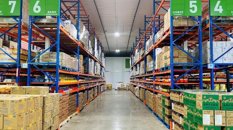 Looking down an aisle at Resco food service