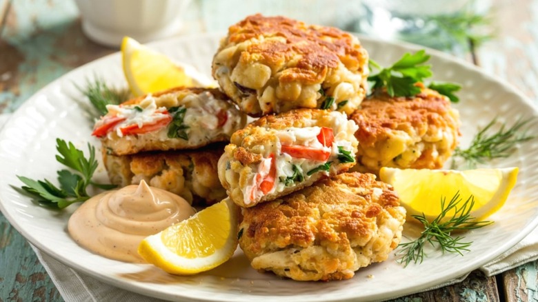 Maryland crab cakes on a plate with lemon slices.