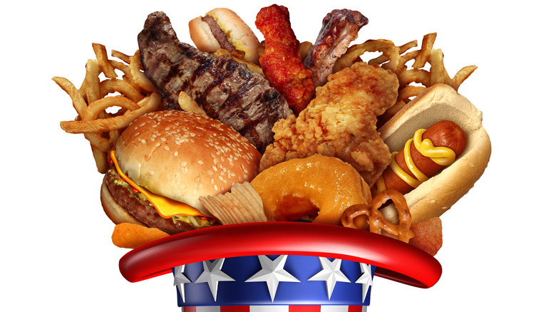 A bunch of food coming out of an Uncle Sam hat