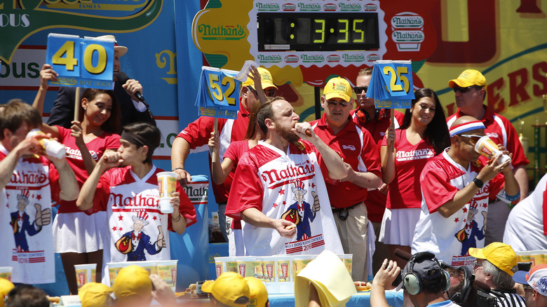 Nathan's hot dog eating contest with Joey Chestnut in the middle