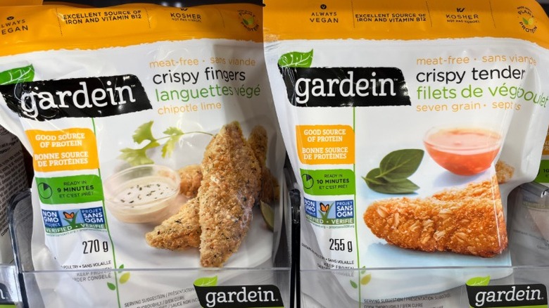 packs of Gardein meat-free chipotle lime and seven grain crispy tenders on a grocery store shelf