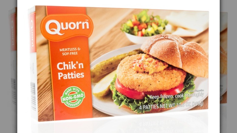 a package of Quorn brand meatless and soy free chick'n patties isolated on a white background