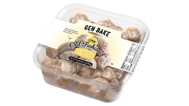 A clear, unopened tub of old fashioned donut bites