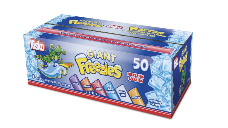 A large box of Kisko Giant Freezies with a surfing aligator mascot