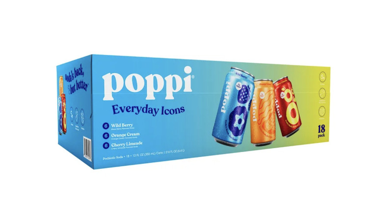 A blue, green, and yellow gradiated box of poppi soda with a picture of three cans