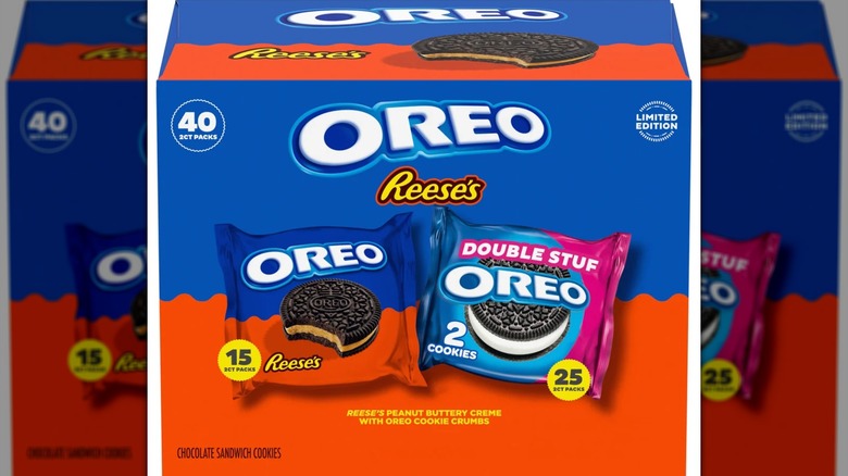 A large box of Oreo snack packs featuring Double Stuff and Reese's cookies
