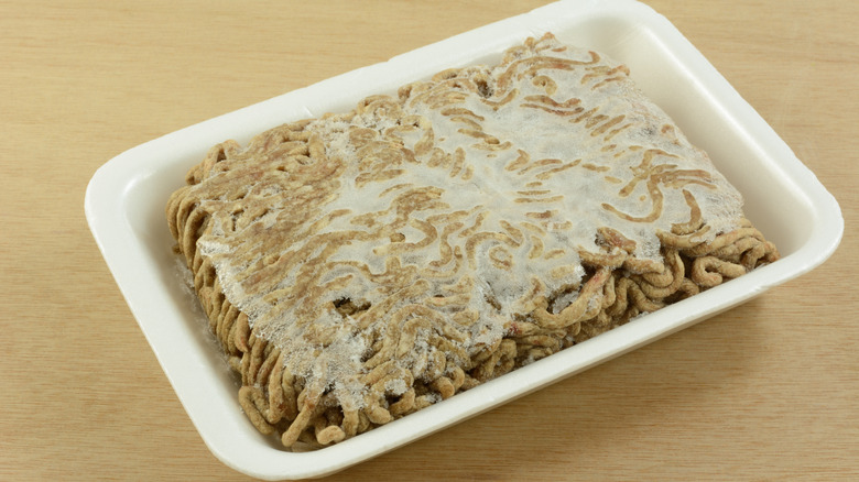 A package of freezer-burned ground beef