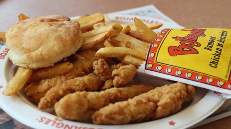 Fried chicken, fries, and a biscuit from Bojangles