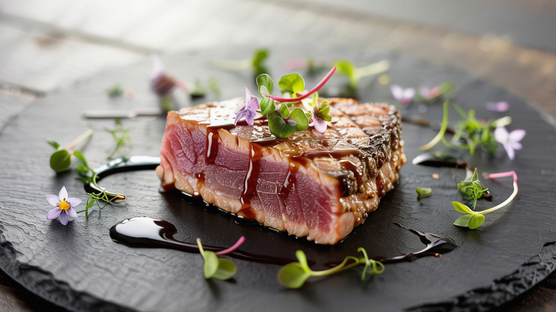 Seared tuna steak topped with edible flowers