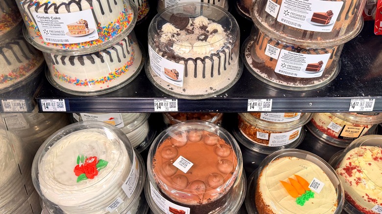 Decorated layer cakes on display at Walmart