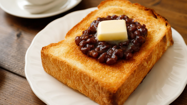 Ogura toast on a white plate