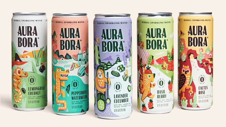 Multiple cans of Aura Bora herbal sparkling water