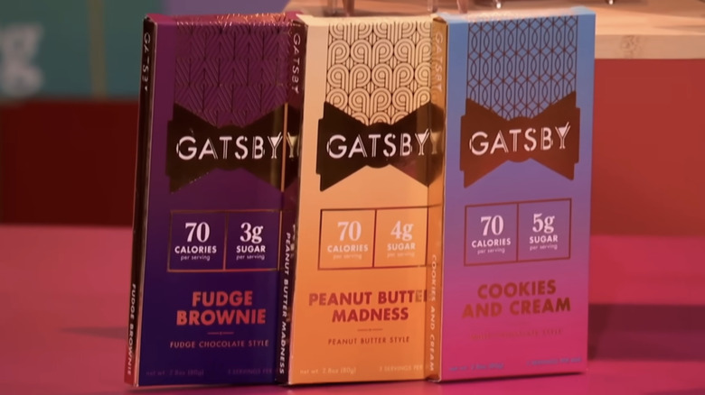 Gatsby chocolate bars in different flavors displayed on a table in front of the Sharks.