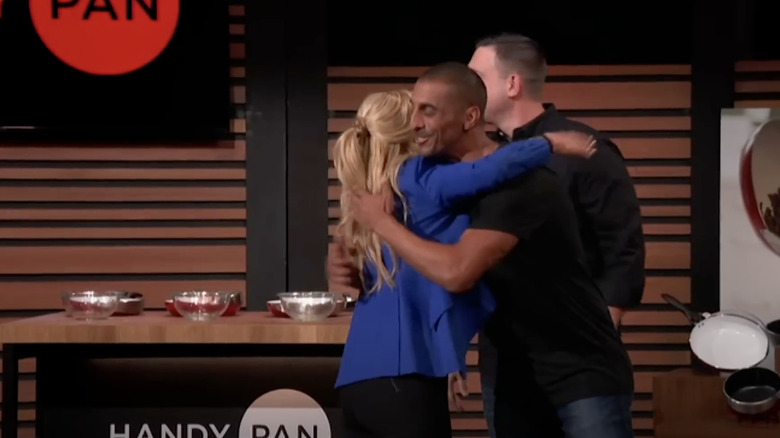 Lori Greiner hugging the Handy Pan co-founders after accepting the offer from the shark.