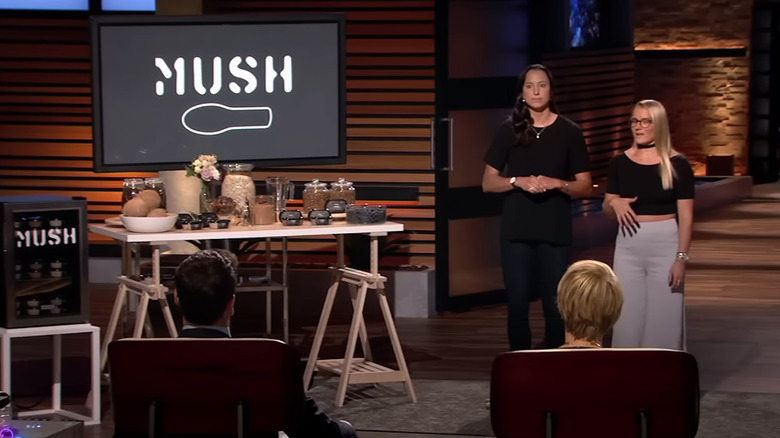 MUSH founders Ashley Thompson and Katherine Thomas standing in front of the Sharks during their presentation on the show.