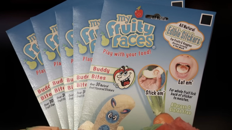 A pile of My Fruity Faces edible stickers