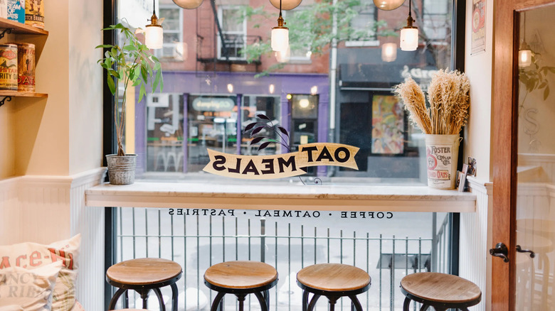 OatMeals storefront photographed from inside the store.