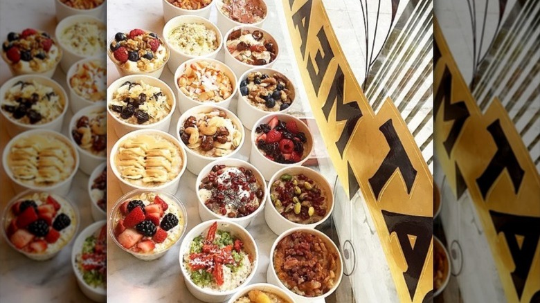 The storefront of the OatMeals shop in New York with cups of oatmeal