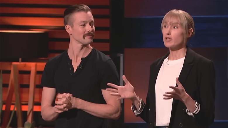The two founders of Slice of Sauce talking on the set of Shark Tank
