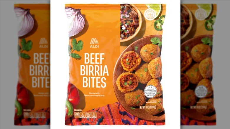 A bag of Aldi Beef Birria Bites on a white background.