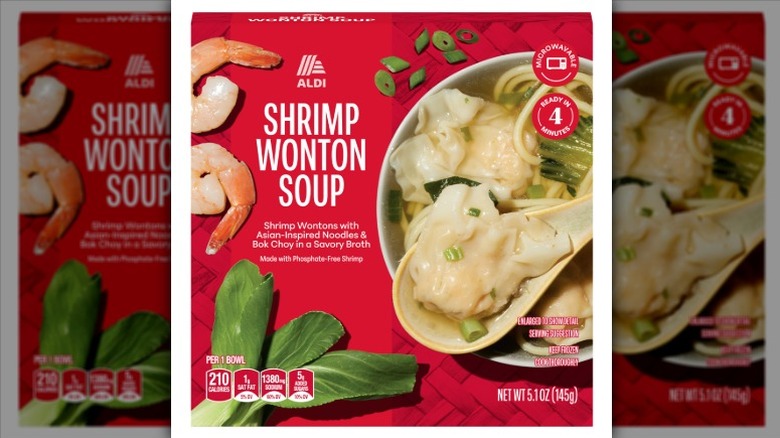 A carton of Aldi Shrimp Wonton Soup on a white background.