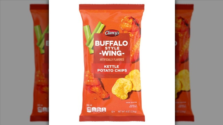 A bag of Clancy's Buffalo Wing Style Kettle Potato Chips on a white background.