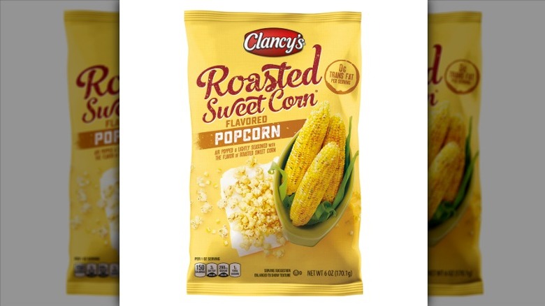 A bag of Clancy's Roasted Sweet Corn Popcorn on a white background.