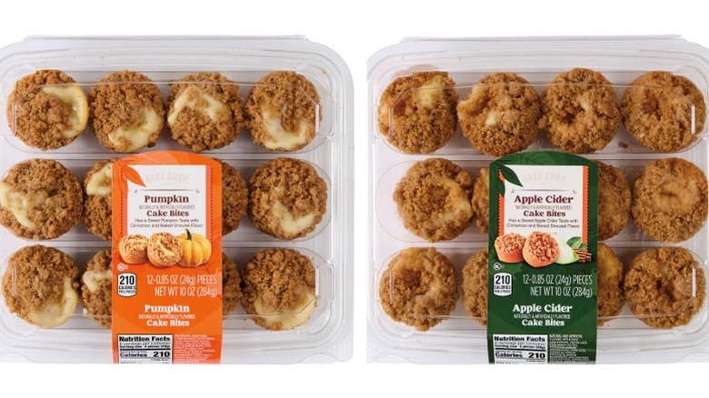 Pumpkin and Apple Cider Bake Shop Coffee Cake Bites in clear plastic clamshell packaging on a white background.