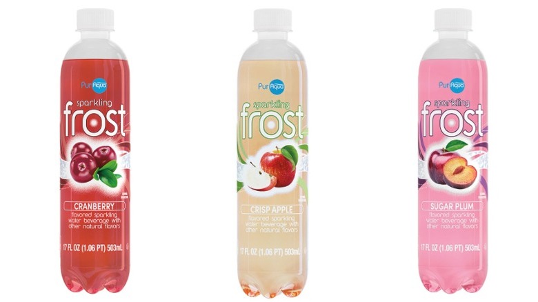 Three plastic bottles of Cranberry, Crisp Apple, and Sugar Plum PurAqua Sparkling Frost on a white background.