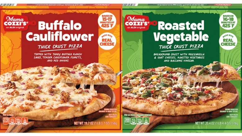 Mama Cozzi's Roasted Vegetable and Buffalo Cauliflower Pizzas on a white background.