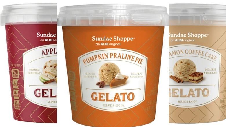 Cartons of Apple Pie, Cinnamon Coffee Cake, and Pumpkin Praline Pie Sundae Shoppe Gelato on a white background.