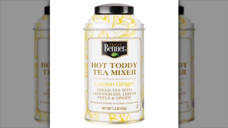 Canister of Aldi hot toddy tea mix in lemon ginger flavor
